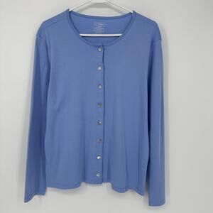 LL Bean Cardigan Sweater Womens Large Blue Supima Cotton Button Front Crewneck